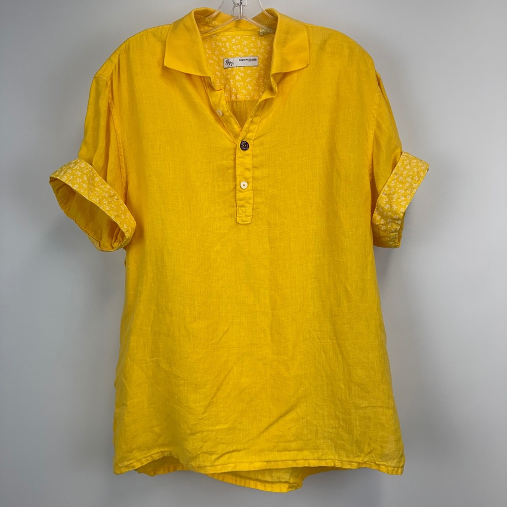 Poggianti 1958 Yellow Linen Popover Tunic Top Made in Italy Women XL Floral Trim
